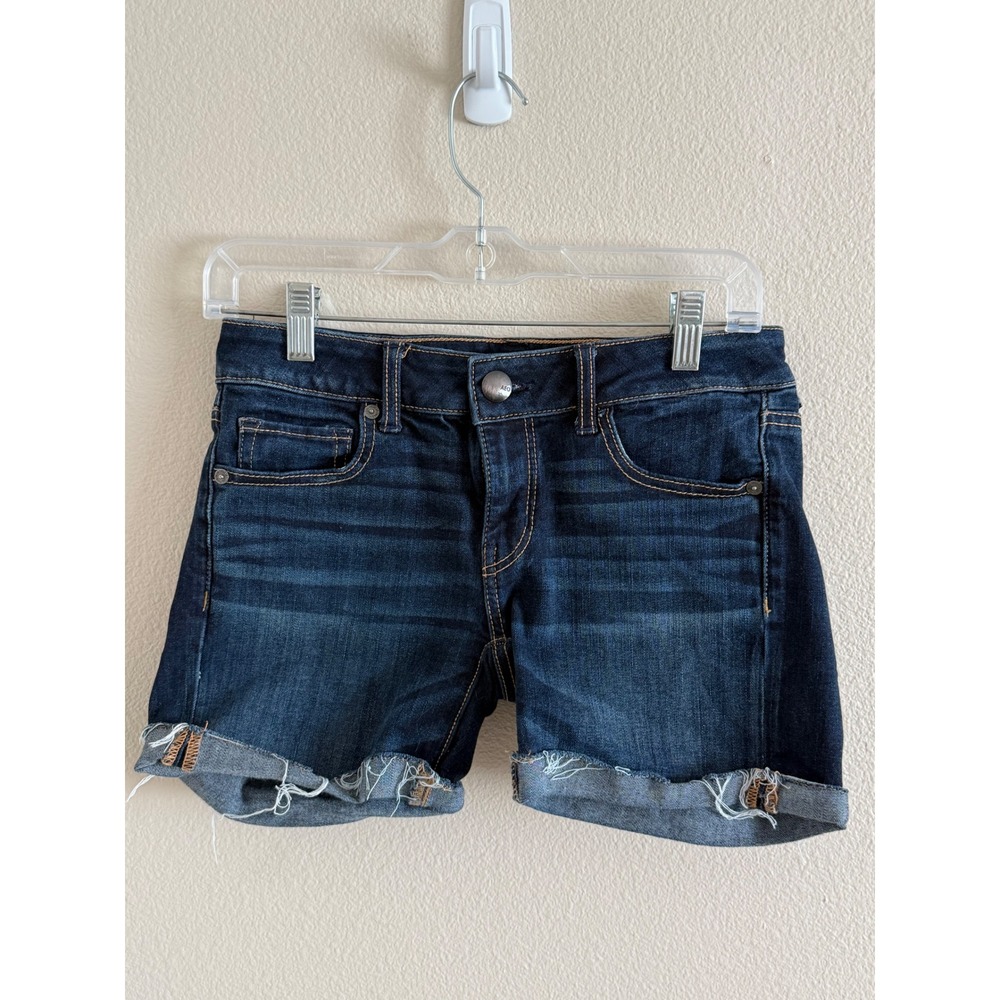 American Eagle Super Stretch Midi Denim Shorts Dark Wash Raw Hem Size 2